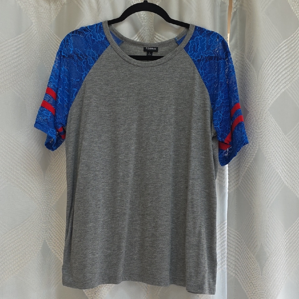 Torrid Gray and Blue Lace Sleeve Top